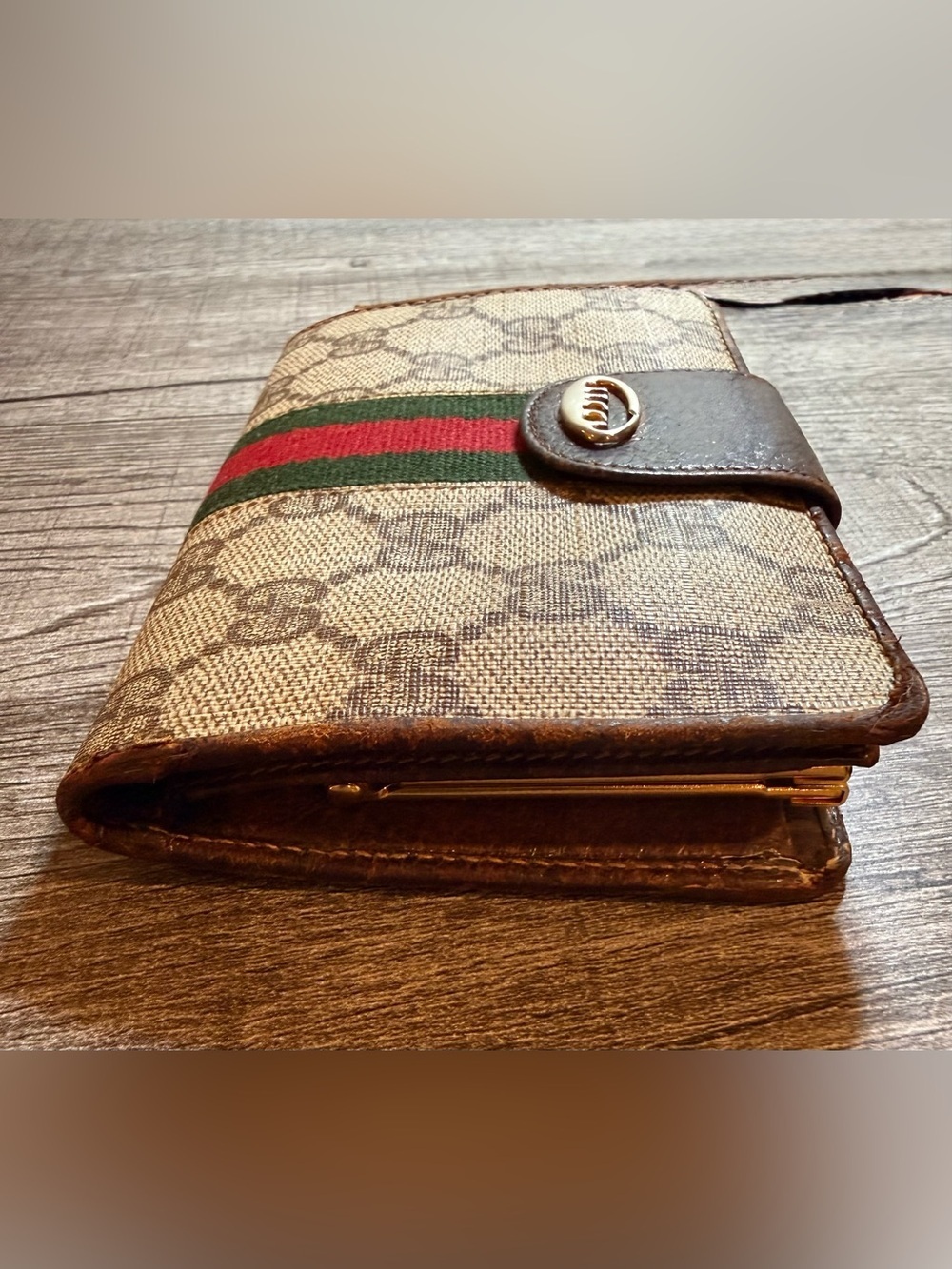 Vintage Gucci GG Supreme Web Stripe Compact Wallet Brown Italy Authenticated - Picture 6 of 16